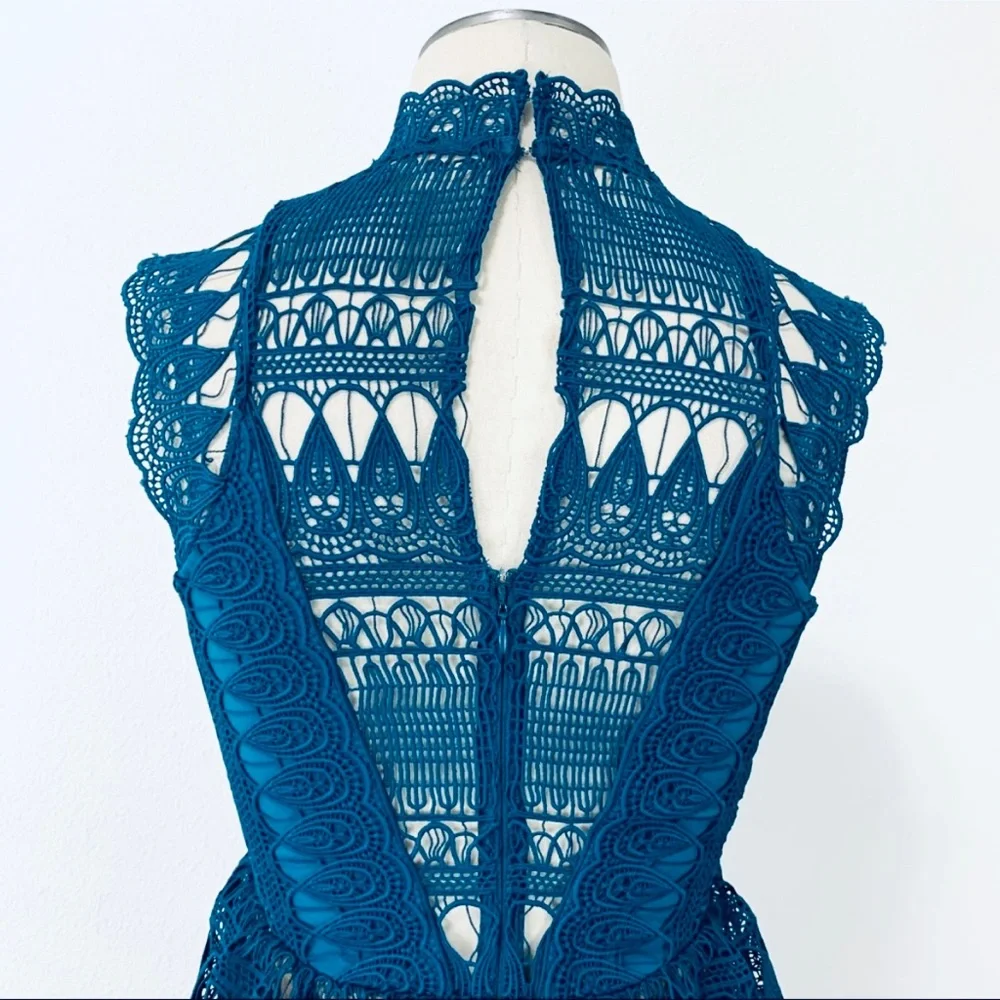Self-Portrait Teardrop Guipure Tiered Lace Turquoise Teal BOHO Embroidery Dress - Picture 9 of 16